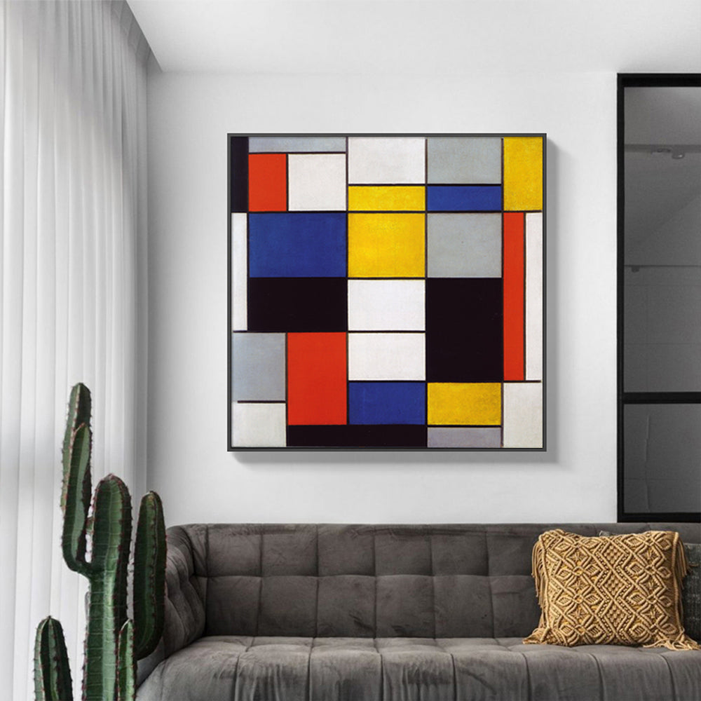 50cmx50cm Large Composition A canvas by Piet Mondrian, framed in a sleek black floating frame, showcasing vibrant geometric patterns.
